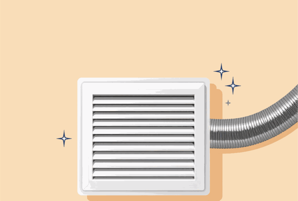White wall air supply register with open louvers and a flexible metal duct connected behind it